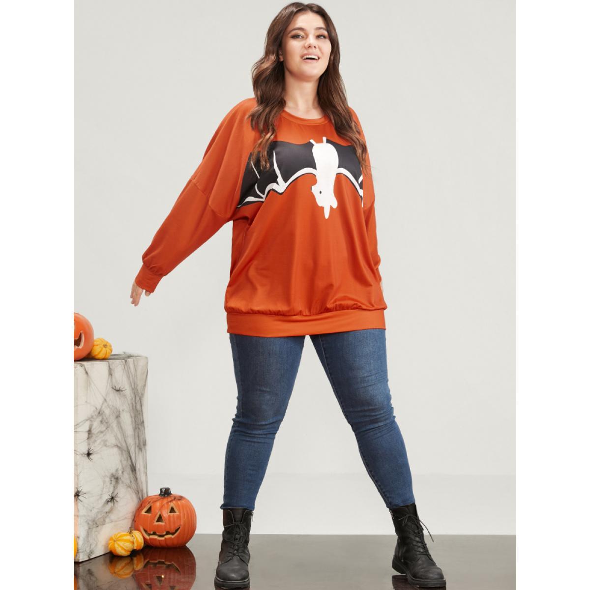 Plus Size Halloween Bat Print Round Neck Drop Shoulder Sweatshirt Women Orange Casual Printed Round Neck Festival-Halloween Sweatshirts BloomChic 14-16/1X Product Image