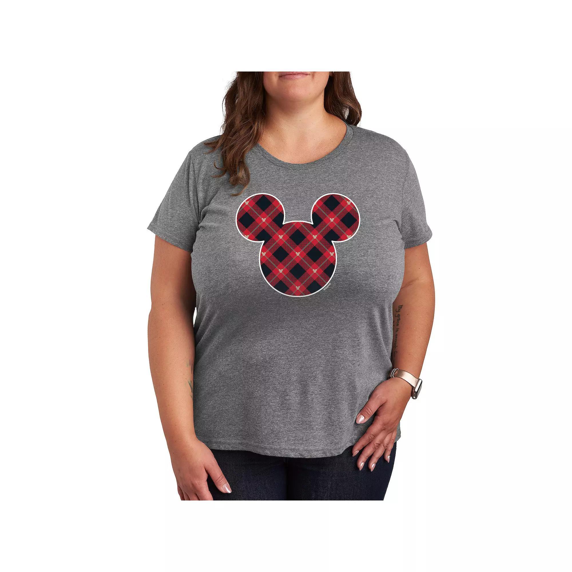 Disneys Mickey Mouse Plus Plaid Silhouette Graphic Tee, Womens Grey Blue Product Image