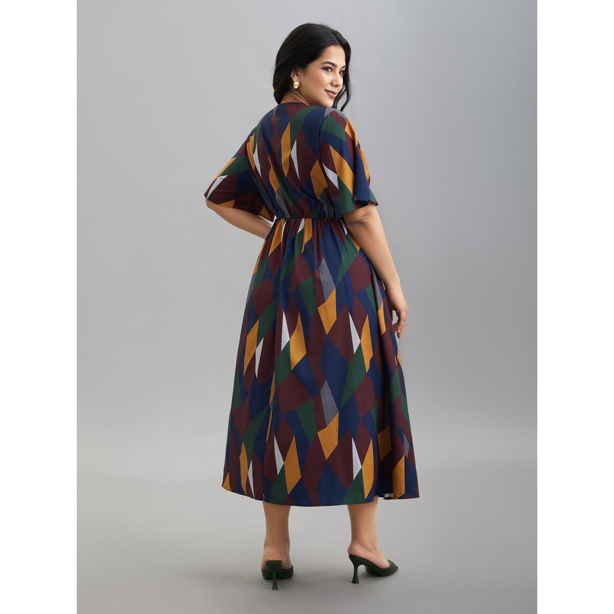 Plus Size Geometric Print Fit and Flare Midi Dress Multicolor Women Elegant Non Overlap Collar Half Sleeve Curvy BloomChic 18-20/2X Product Image