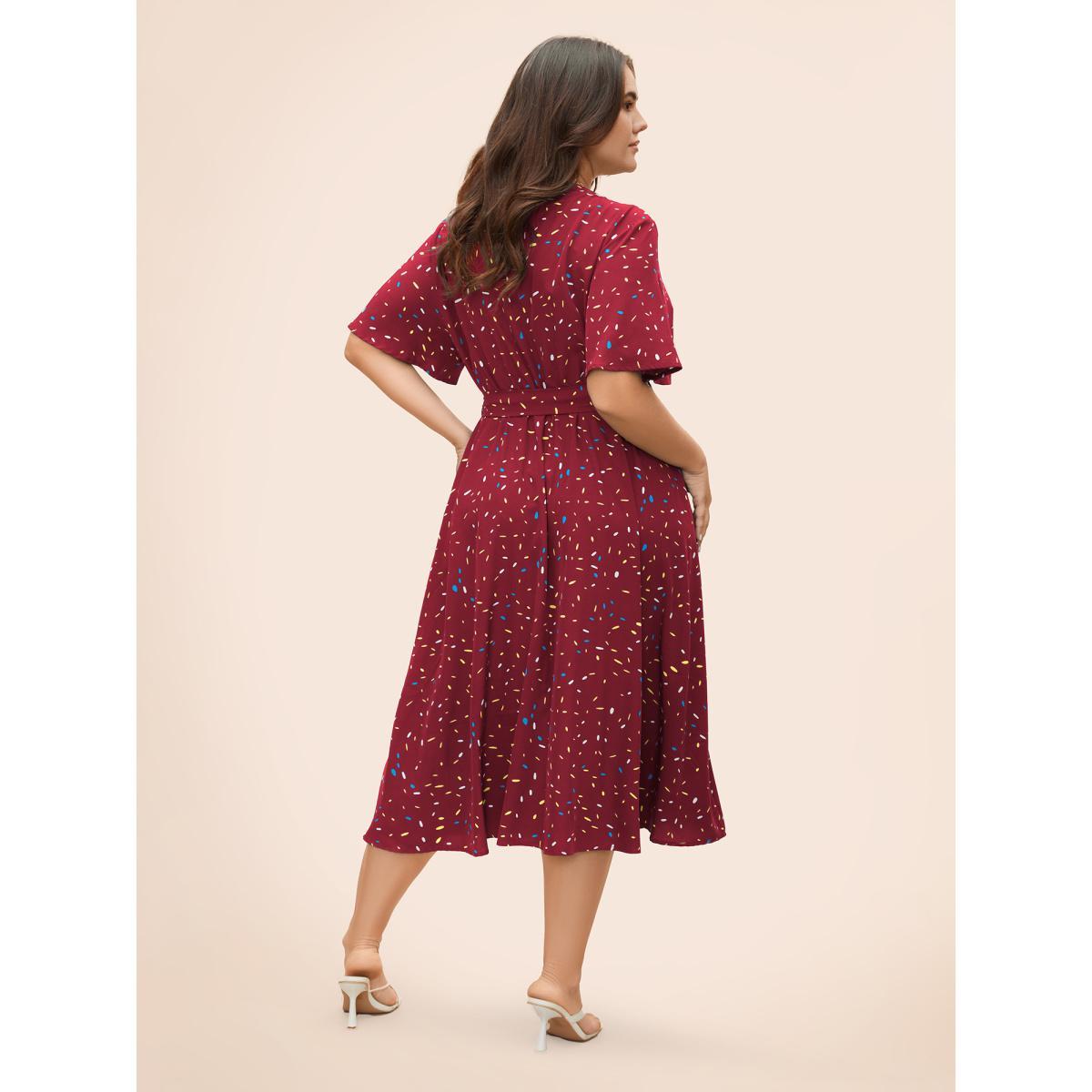 Plus Size Split Neck Confetti Print Midi Dress Burgundy Women Elegant Belted Notched collar Short sleeve Curvy BloomChic 30/6X Product Image