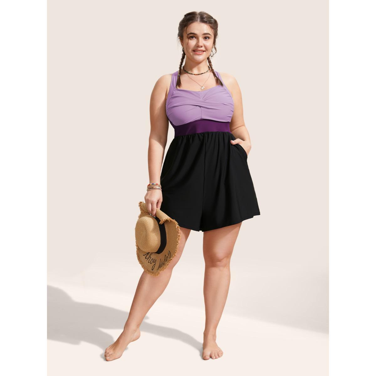 Plus Size Patchwork Contrast Crossover One Piece Swimsuit Women's Swimwear Lilac Beach Twist Curve Bathing Suits High stretch One Pieces BloomChic 18-20/2X Product Image