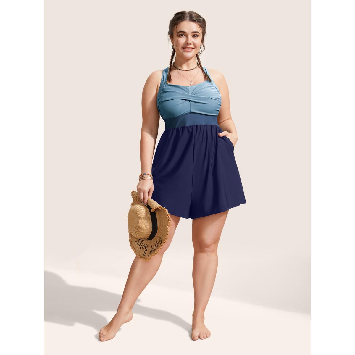 Plus Size Patchwork Contrast Crossover One Piece Swimsuit Women's Swimwear Stone Beach Twist Curve Bathing Suits High stretch One Pieces BloomChic 22-24/3X Product Image