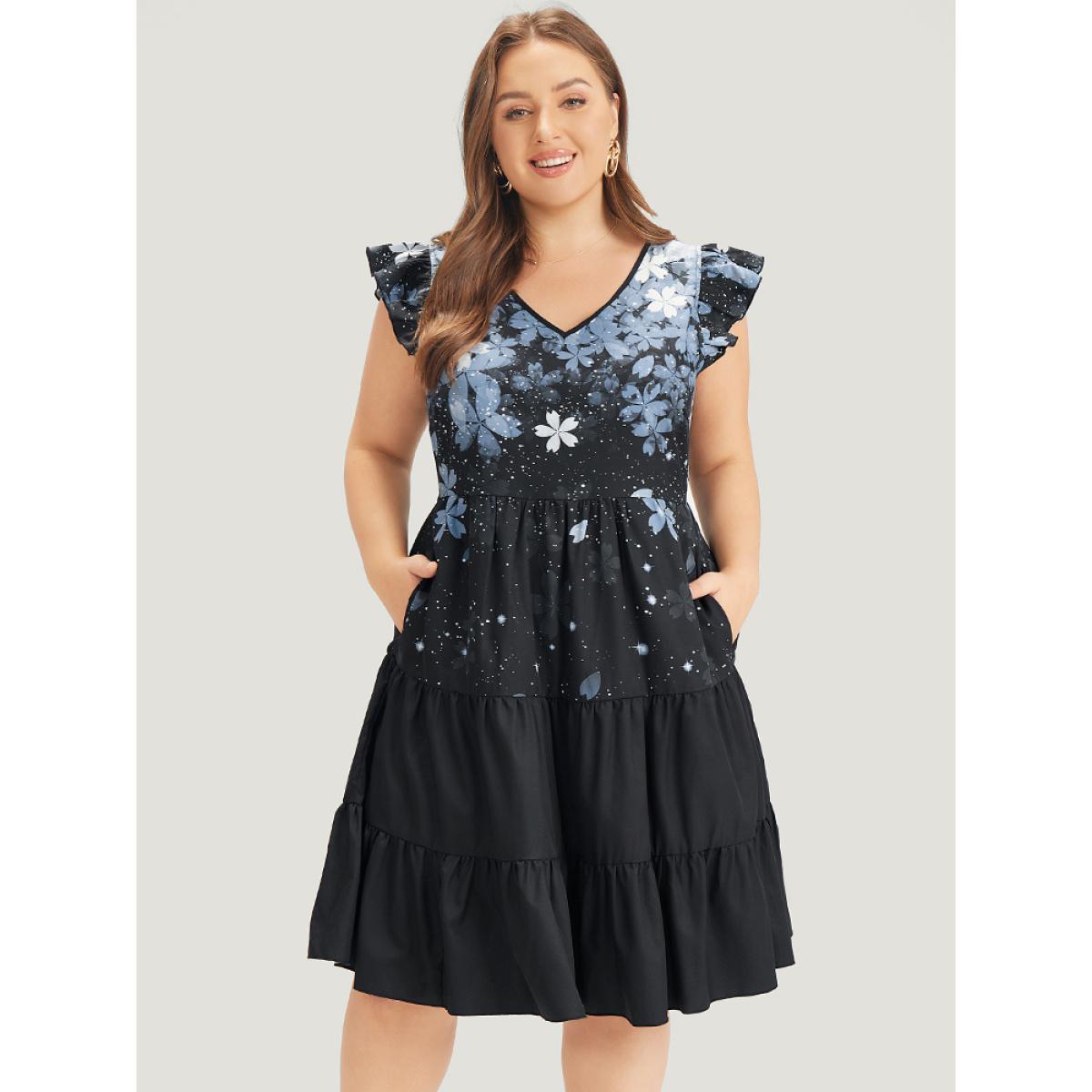 Plus Size Pixel Flower Pocket Cap Sleeve Layered Hem Dress BlackFlower Women Elegant Tiered V-neck Cap Sleeve Curvy Knee Dress BloomChic 12/L Product Image