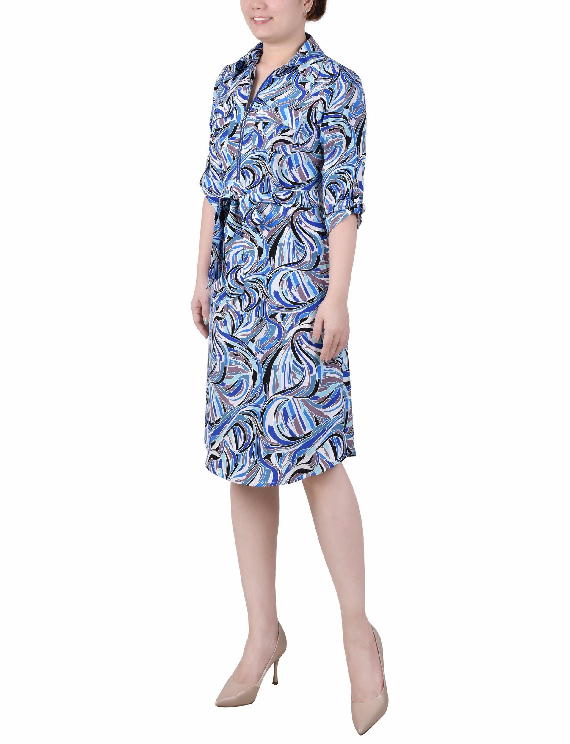 Blue White Black Pucci 3/4 Roll Tab Sleeve Zippered Shirtdress Product Image