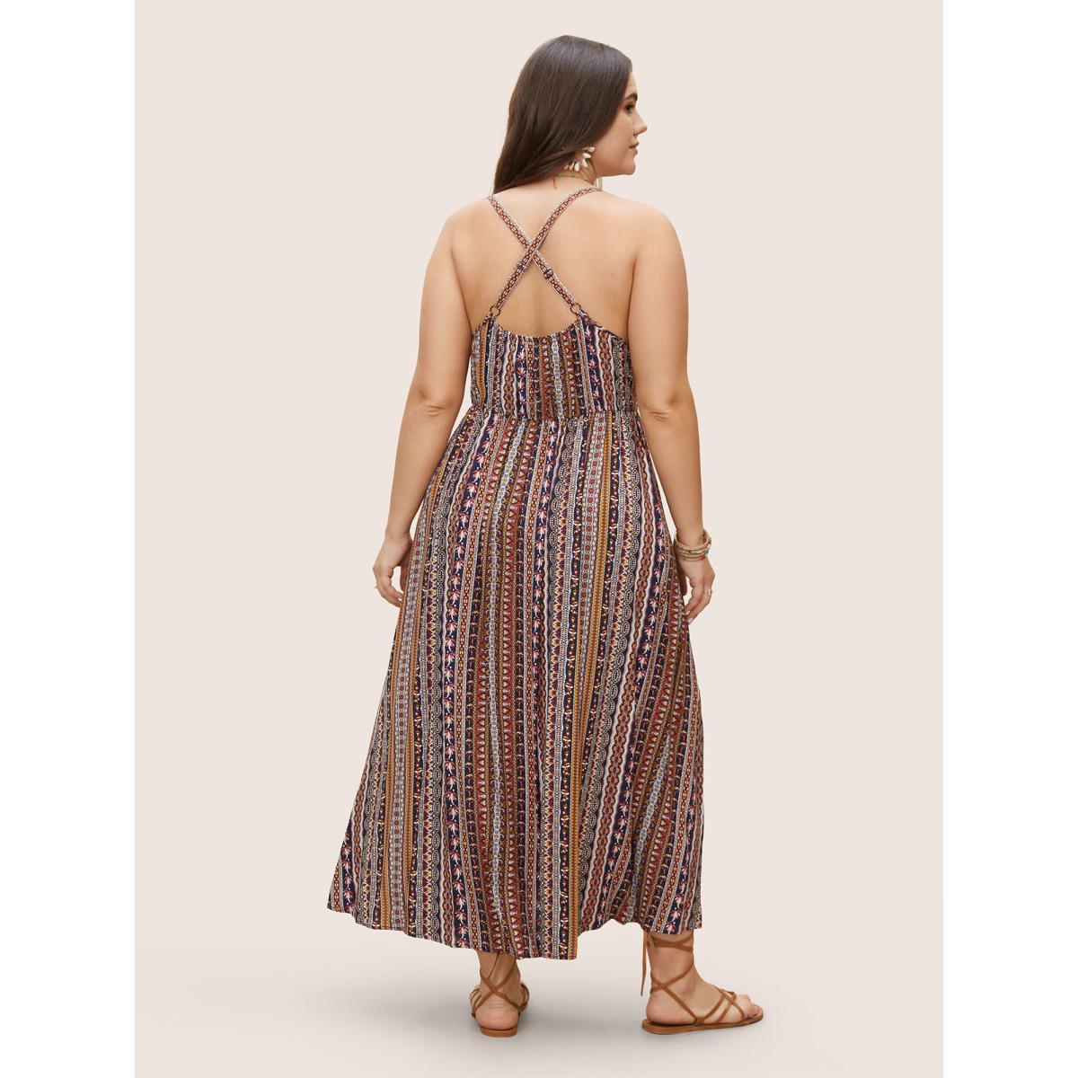 Plus Size Boho Print Elastic Waist Split Hem Cami Dress Navy Women Resort Non V-neck Sleeveless Curvy BloomChic 26/4X Product Image