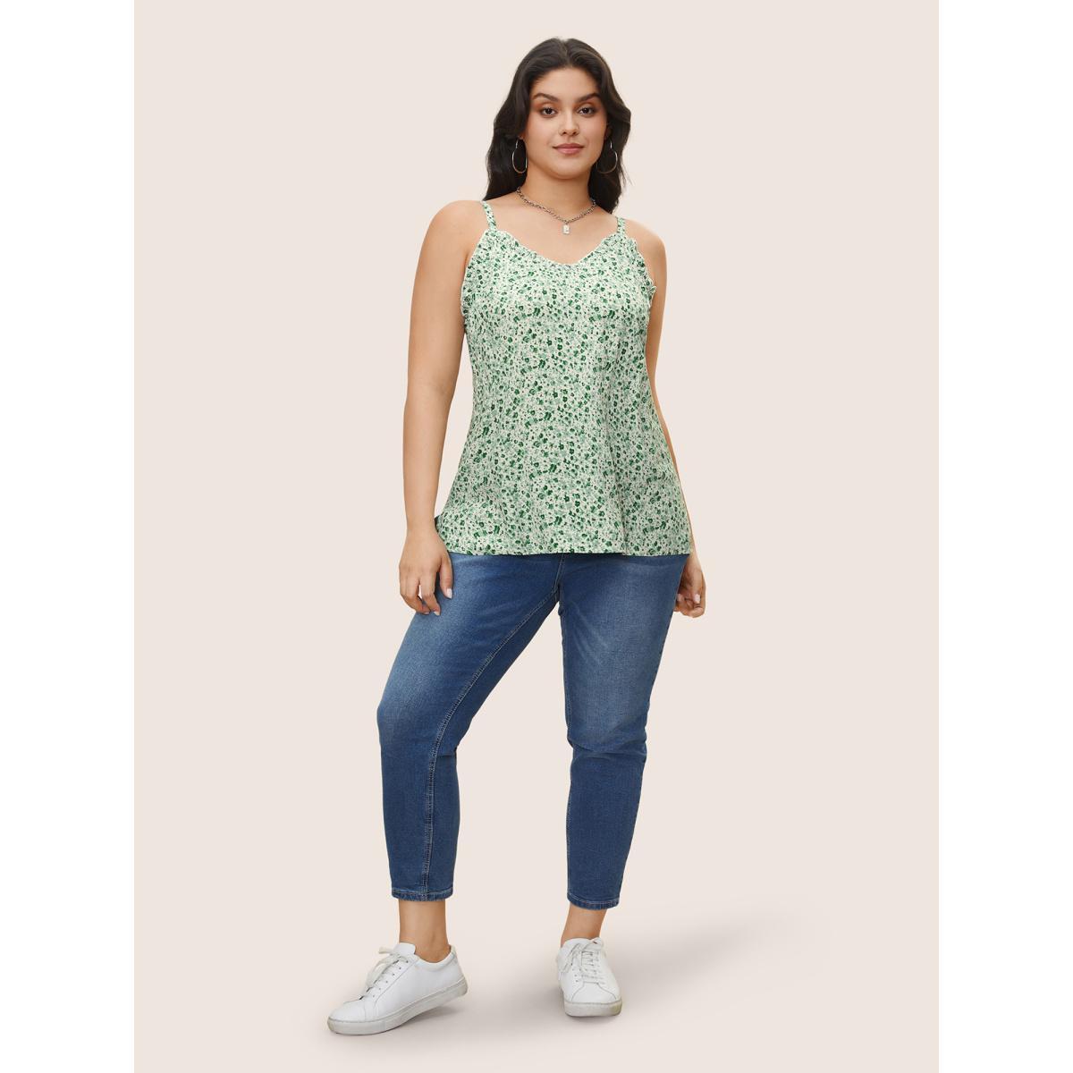 Plus Size Ditsy Floral Frill Trim Adjustable Straps Cami Top Women Moss Casual Frill Trim V-neck Everyday Tank Tops Camis BloomChic 18-20/2X Product Image