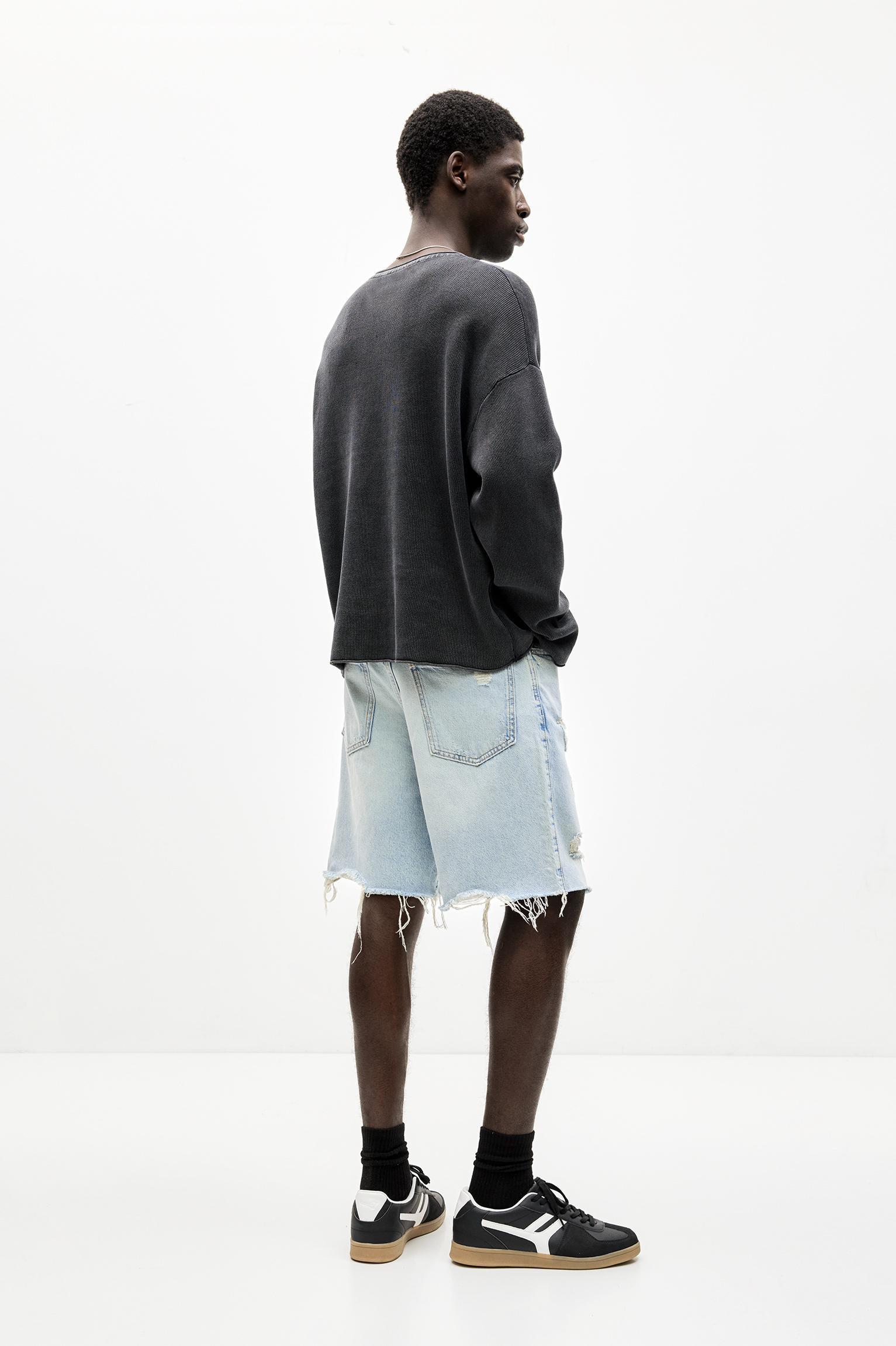 Ripped straight fit denim Bermuda shorts Product Image