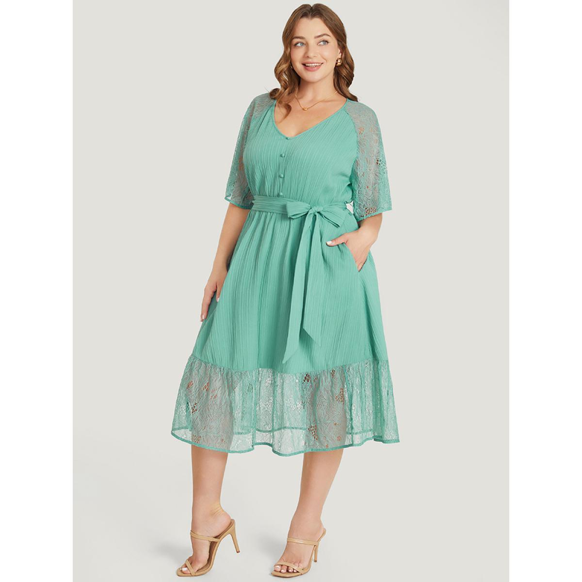 Plus Size Plain Pocket Lace Raglan Sleeve Ruffle Belted Plisse Dress Mint Women Office Plain V-neck Short sleeve Curvy Midi Dress BloomChic 18-20/2X Product Image