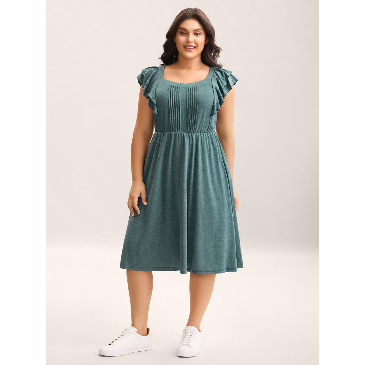 Plus Size Stretchy Flutter Sleeve Pleated Midi Dress Teal Women Knit Dresses Bloomchic 30/6X Product Image