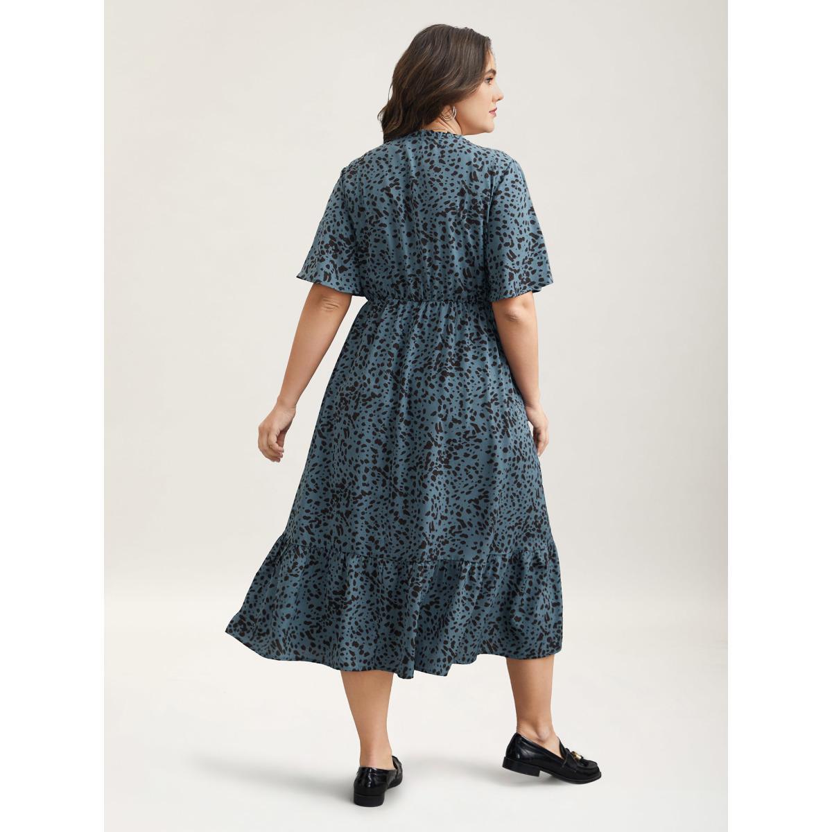 Plus Size Animal Print Tied Tiered Midi Dress Stone Women Casual Tie knot Notched collar Short sleeve Curvy BloomChic 22-24/3X Product Image