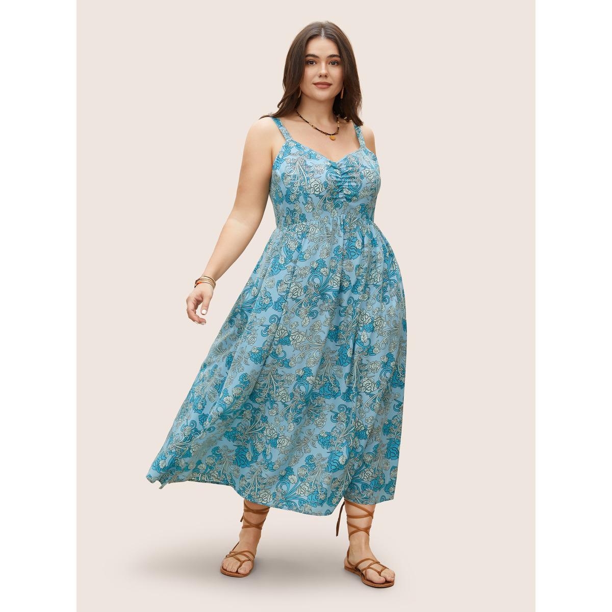 Plus Size Bandana Print Ruched Pocket Cami Dress Cerulean Women Resort Gathered V-neck Sleeveless Curvy BloomChic 26/4X Product Image