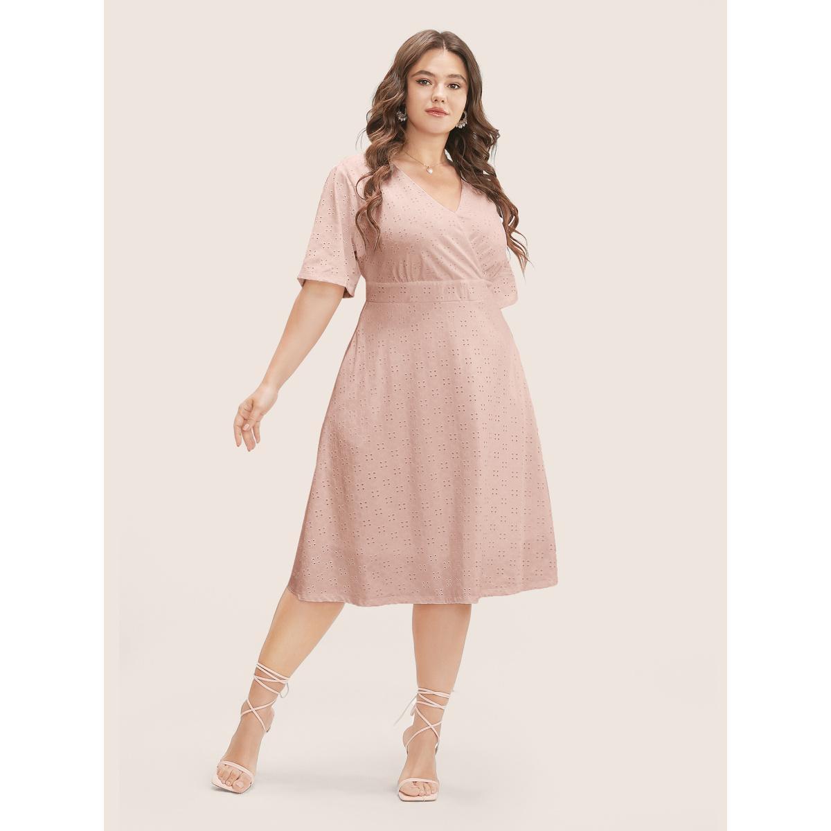 Plus Size Solid Pocket Laser Cut Surplice Neck Knee Dress DustyPink Women Elegant Pocket V-neck Short sleeve Curvy Knee Dress BloomChic 26/4X Product Image