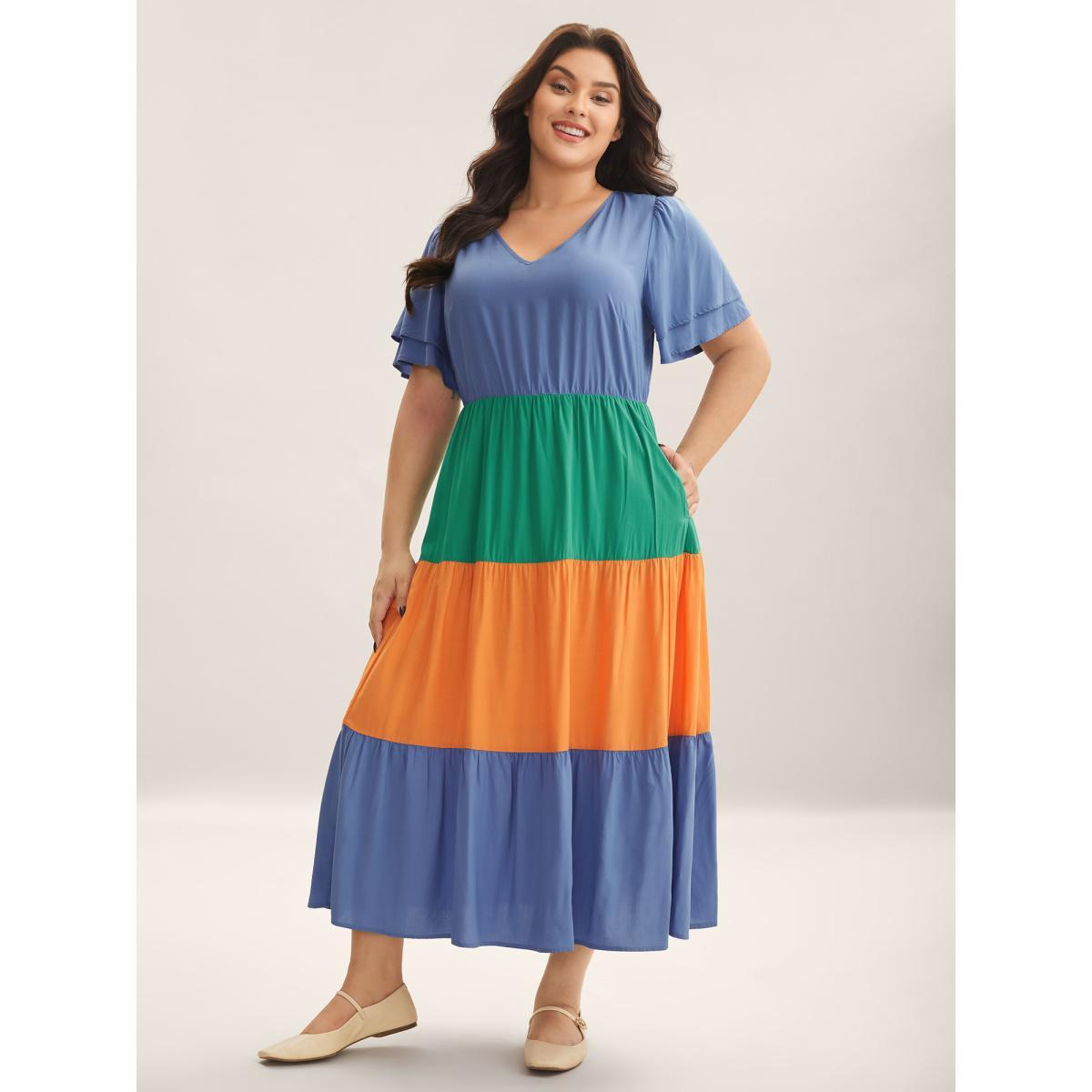 Plus Size Rayon Color Block Layered Sleeve Maxi Dress Stone Women V-neck Short sleeve Curvy BloomChic 26/4X Product Image