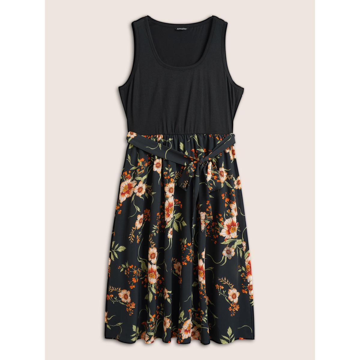 Plus Size Floral Patchwork Pocket Elastic Waist Sleeveless Dress Black Women Elegant Non Sleeveless Curvy Midi Dress BloomChic 18-20/2X Product Image