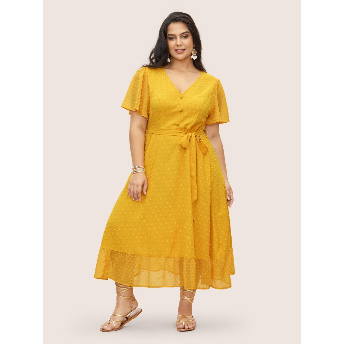 Plus Size Citrus Texture Ruffle Sleeve Button Detail Dress Yellow Women Elegant Texture V-neck Short sleeve Curvy Midi Dress BloomChic 18-20/2X Product Image