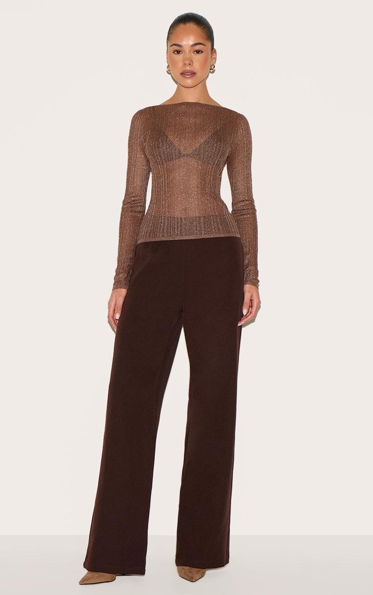 Chocolate Sheer Knit Long Sleeve Boat Neck Top Product Image