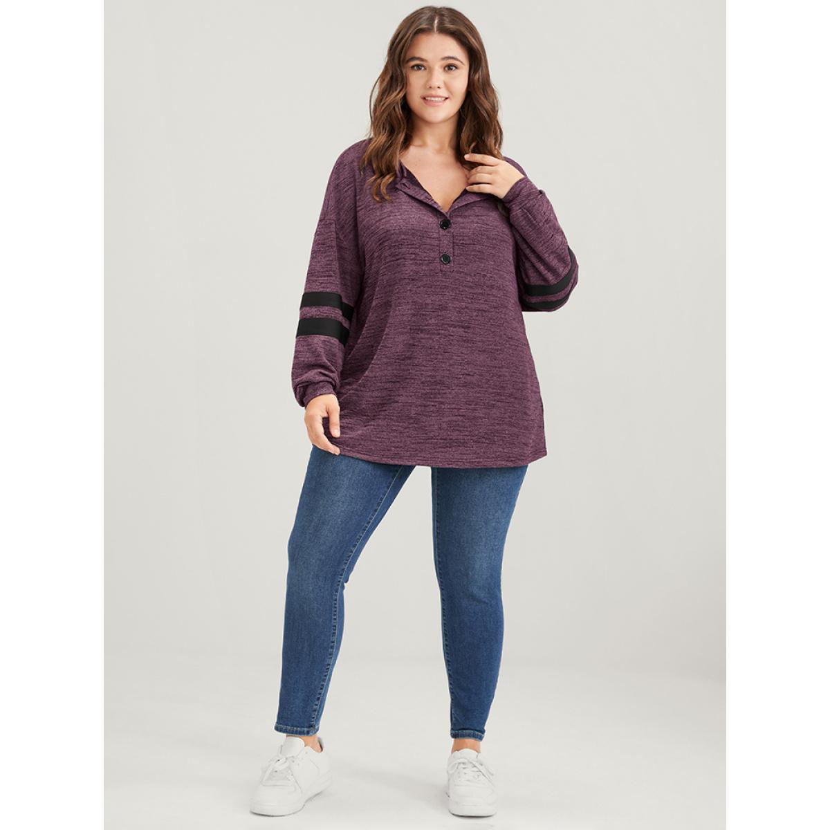 Plus Size Plain Contrast Button Up Round Neck Sweatshirt Women Burgundy Casual Contrast Round Neck Dailywear Sweatshirts BloomChic 10/M Product Image