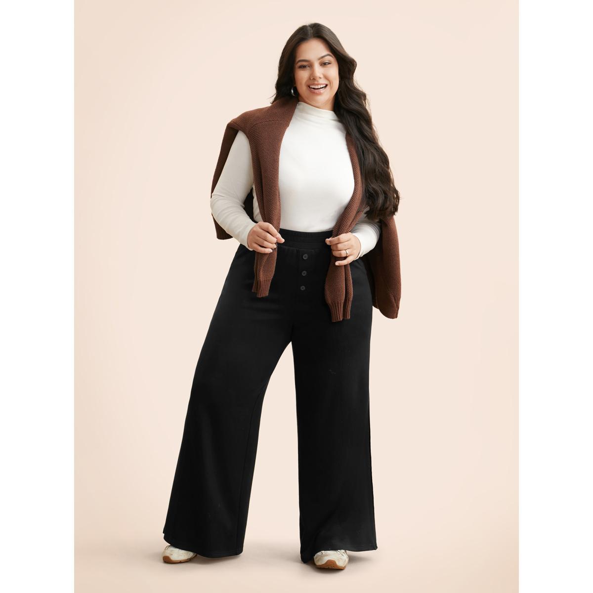 Plus Size Supersoft Wide-Leg Pants Women Black Casual Wide Leg Mid Rise Everyday Pants BloomChic 12/L Product Image