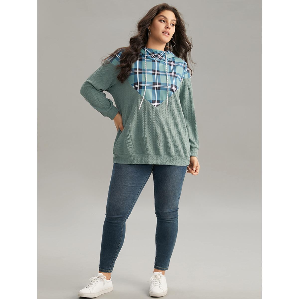 Plus Size Plaid Patchwork Contrast Texture Hooded Sweatshirt Women Mint Casual Texture Hooded Dailywear Sweatshirts BloomChic 30/6X Product Image