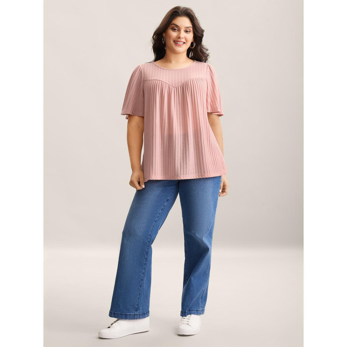 Plus Size Waffle Lotus Leaf Sleeve Flowy T-Shirt Nudepink Women Texture V-neck Loose Everyday-Casual T-shirts BloomChic 18-20/2X Product Image