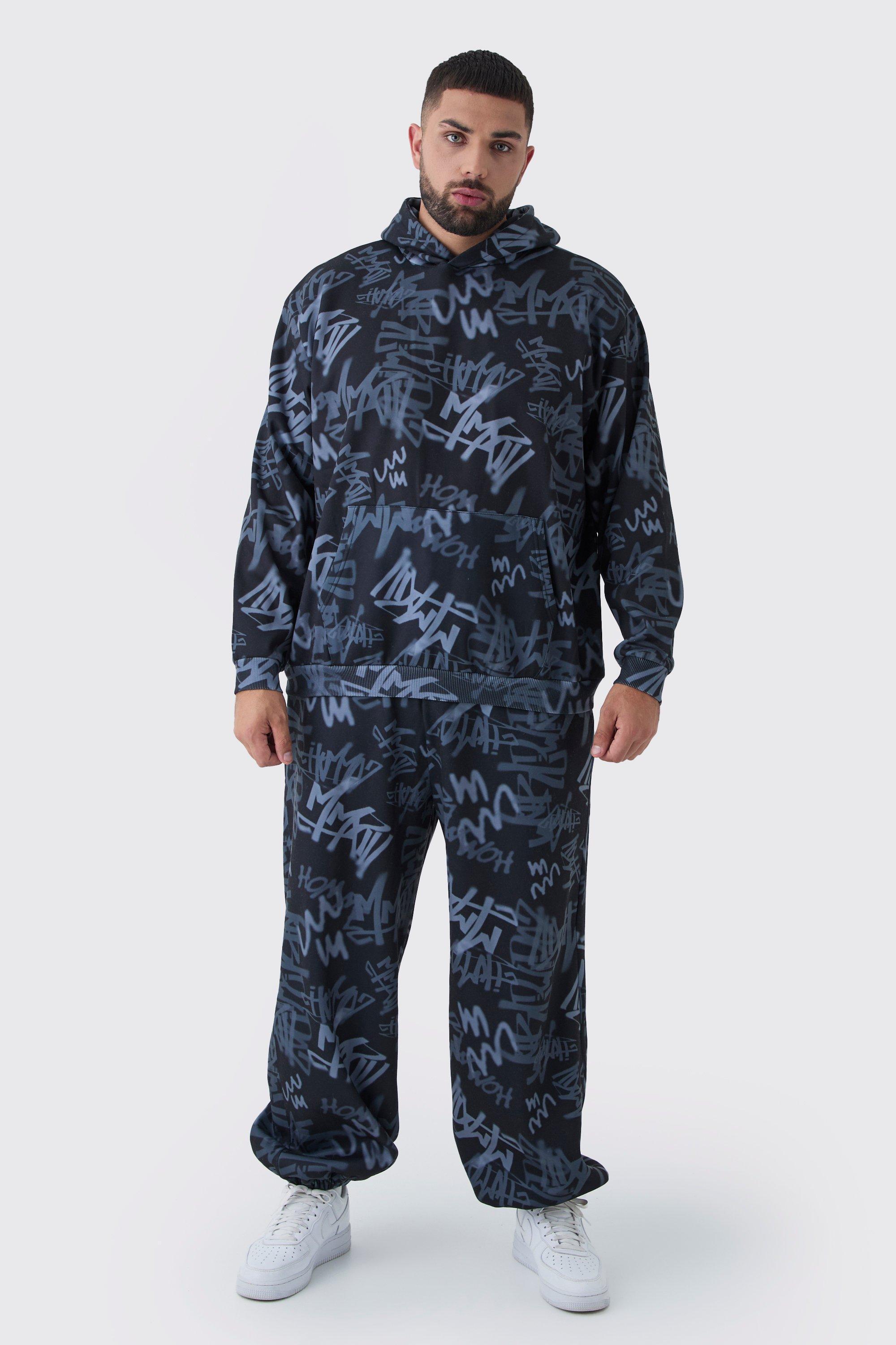 Mens Grey Plus Oversized Graffiti Print Hooded Wide Leg Tracksuit, Grey Product Image