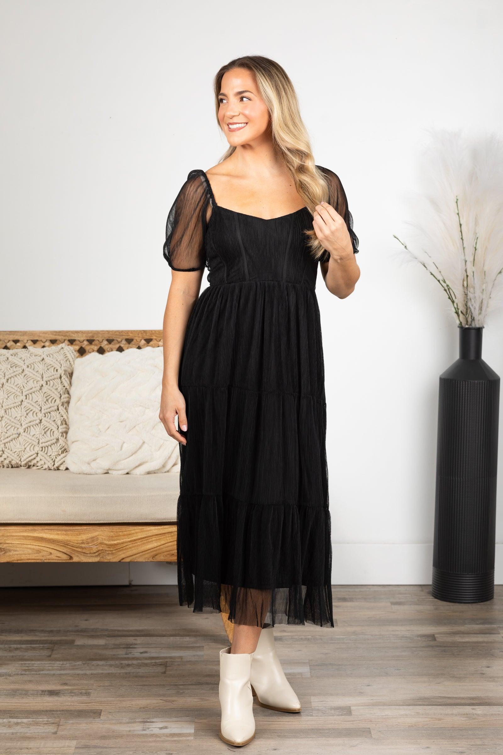 Black Organza Corset Tiered Midi Dress Product Image