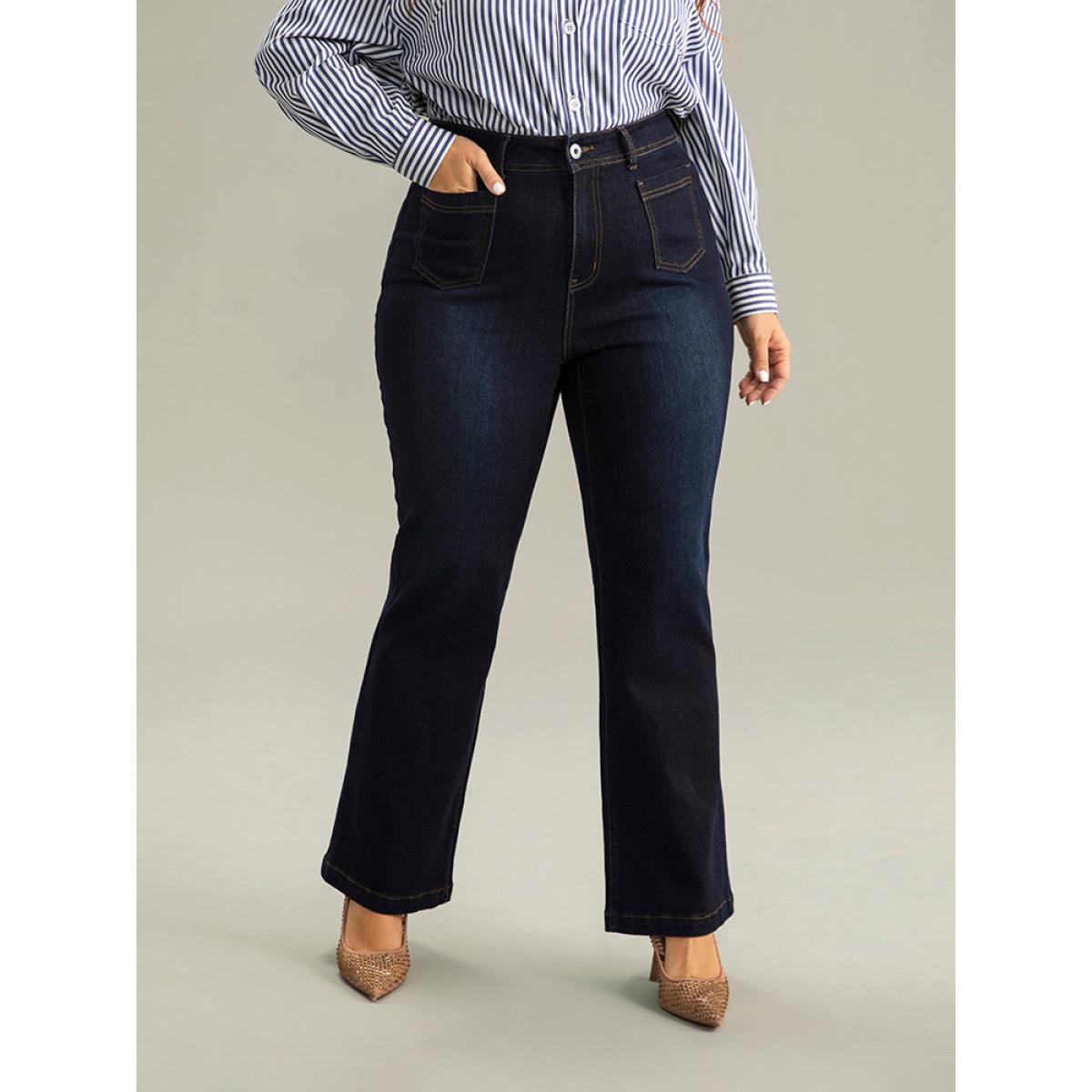 Plus Size Straight Leg Dark Wash Patched Pocket Jeans Women Midnight Casual Plain Plain High stretch Pocket Jeans BloomChic 20/2X Product Image