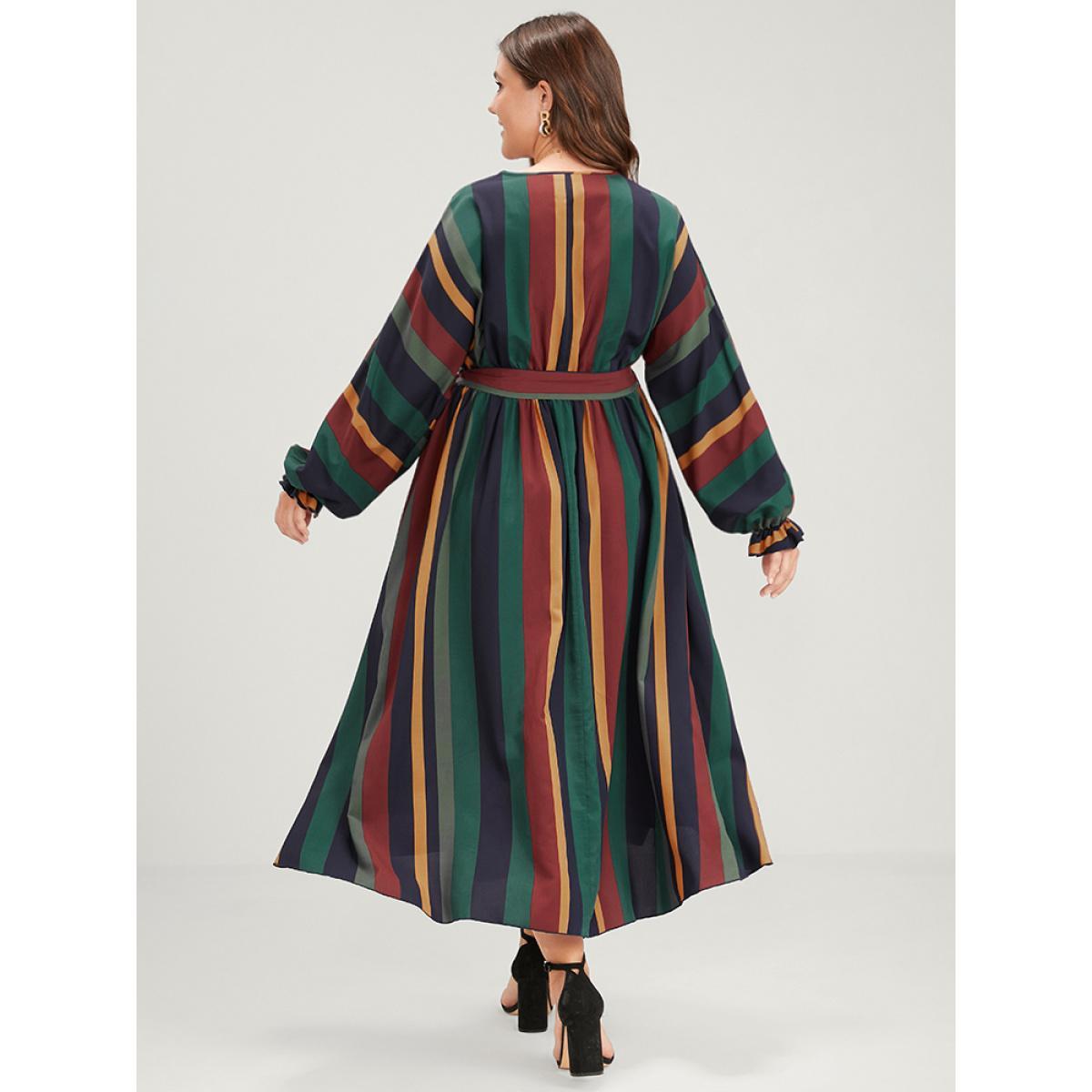 Plus Size Striped Pocket Dolman Sleeve Wrap Button Flutter Belted Split Dress Multicolor Women Vacation Cross straps V-neck Long Sleeve Curvy Long Dress BloomChic 30/6X Product Image