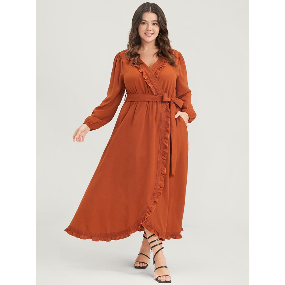 Plus Size Solid Lantern Sleeve Pocket Frill Trim Wrap Belted Dress Rust Women Elegant Plain V-neck Long Sleeve Curvy Long Dress BloomChic 18-20/2X Product Image