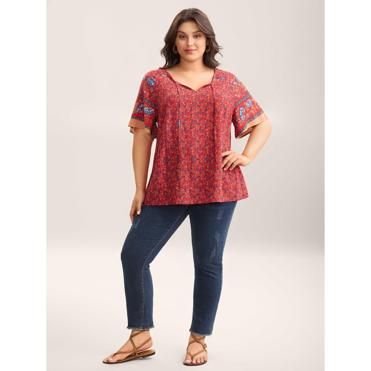 Plus Size Raspberry Floral Print Neck Tie Half Sleeve Blouse Women Resort Short sleeve Notched collar Vacation Blouses BloomChic 18-20/2X Product Image