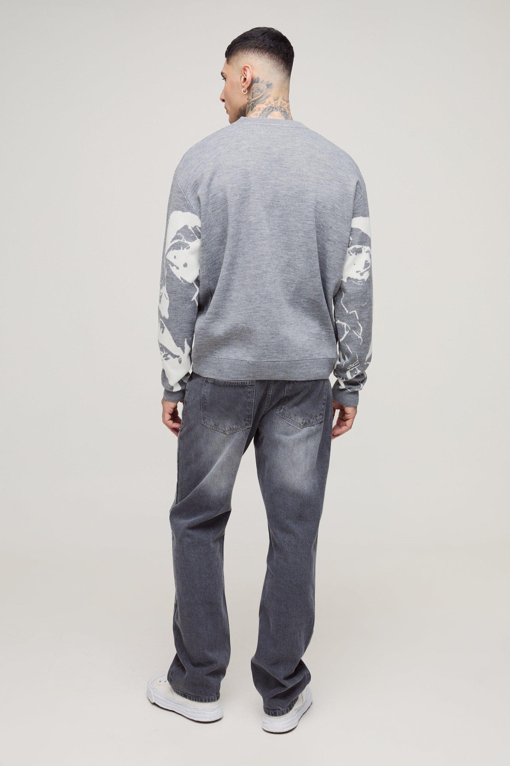Tall Oversized Boxy Line Face Knitted Sweater | boohooMAN USA Product Image