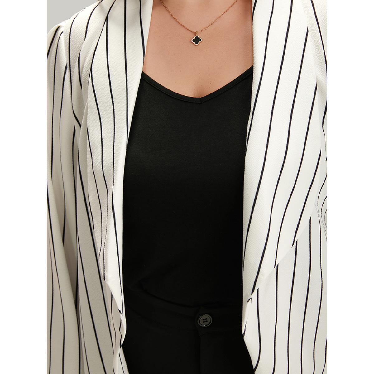 Plus Size Striped Lapel Collar Open Front Blazer White Women Work Striped Asymmetrical Sleeve Long Sleeve Lapel Collar 26/4X At the Office Blazers BloomChic Product Image