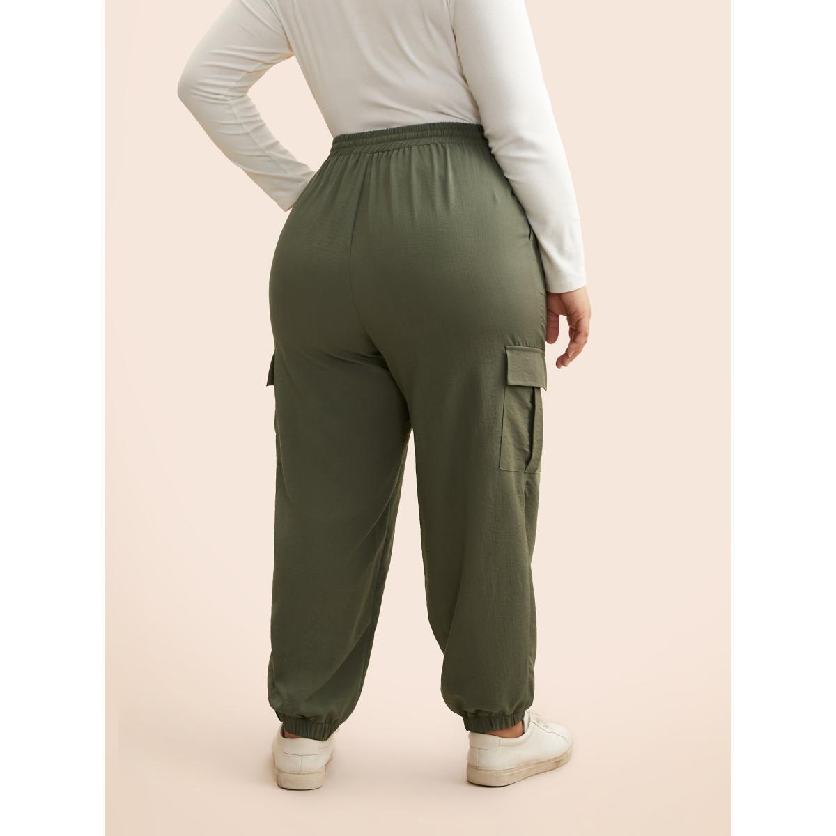 Plus Size Mid Rise Patched Pocket Drawstring Pants Women ArmyGreen Casual Mid Rise Everyday Pants BloomChic 18-20/2X Product Image