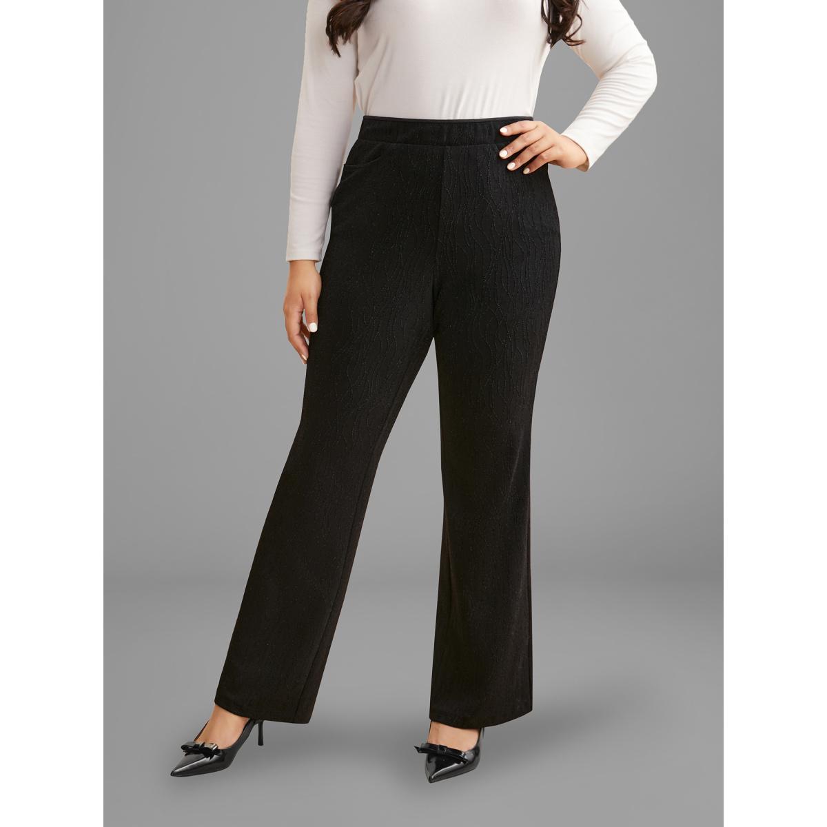 Plus Size Metallic Shimmer Stretchy Flare Pants Women Black Formal Medium stretch Bootcut Mid Rise Party Leggings BloomChic 12/L Product Image