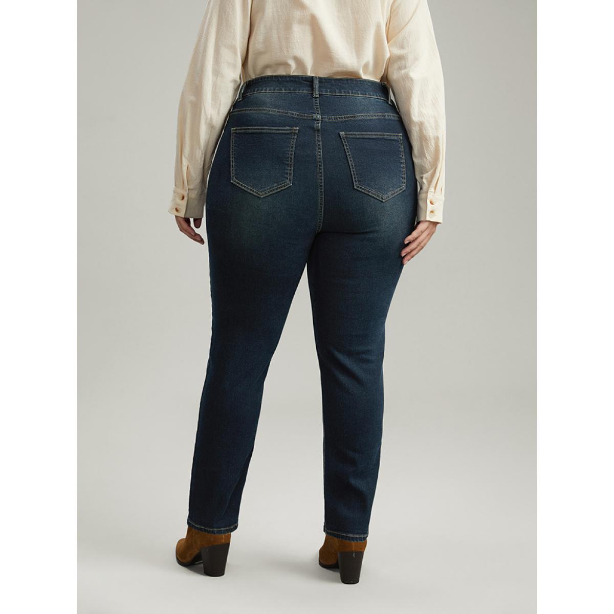 Plus Size Dark Wash Straight Leg High Rise Jeans Women Indigo Casual Plain Plain High stretch Pocket Jeans BloomChic 30/6X Product Image