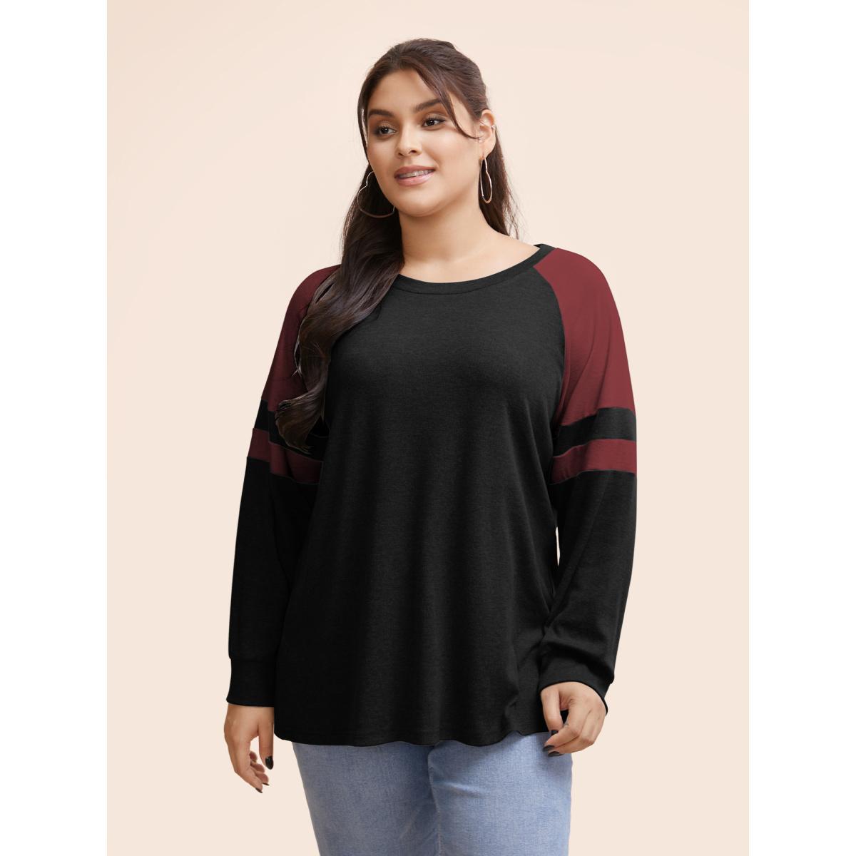 Plus Size Colorblock Contrast Stitch Raglan Sleeve T-shirt Black Women Casual Elastic cuffs Striped Round Neck Dailywear T-shirts BloomChic 22-24/3X Product Image