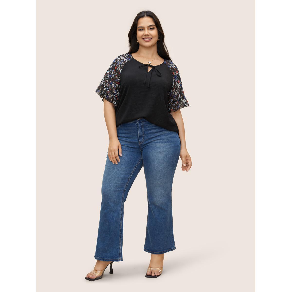 Plus Size Black Ditsy Floral Ruffles Raglan Sleeve Blouse Women Elegant Short sleeve Round Neck Everyday Blouses BloomChic 12/L Product Image