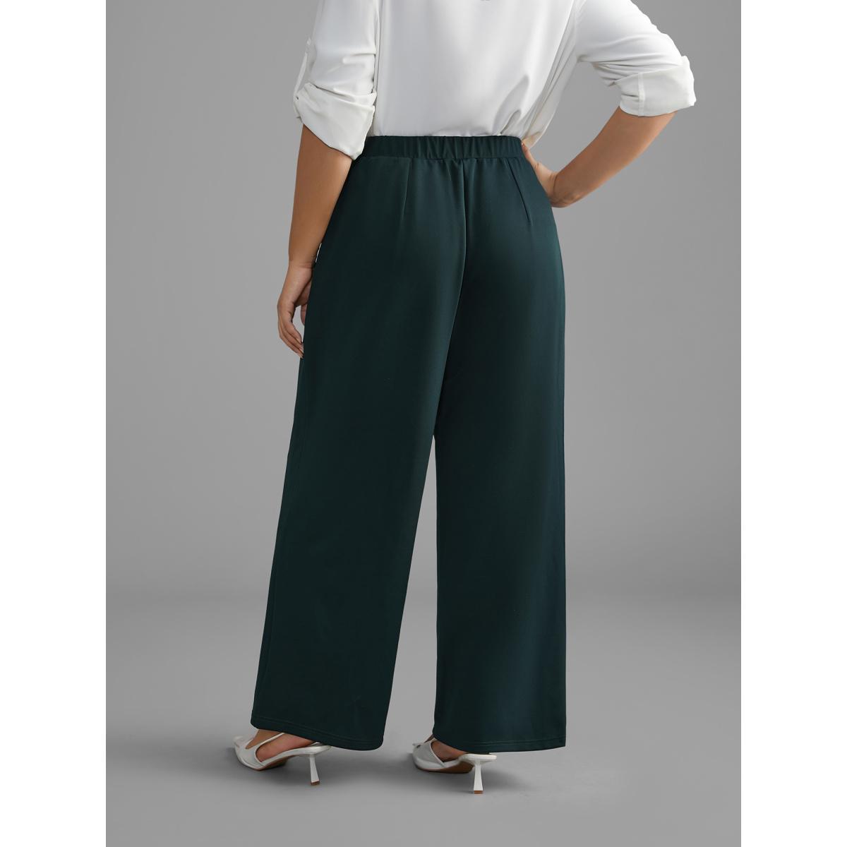 Plus Size Solid Elastic Waist Wide Leg Pants Women DarkGreen Workwear Essentials Wide Leg Mid Rise Work Pants BloomChic 26/4X Product Image