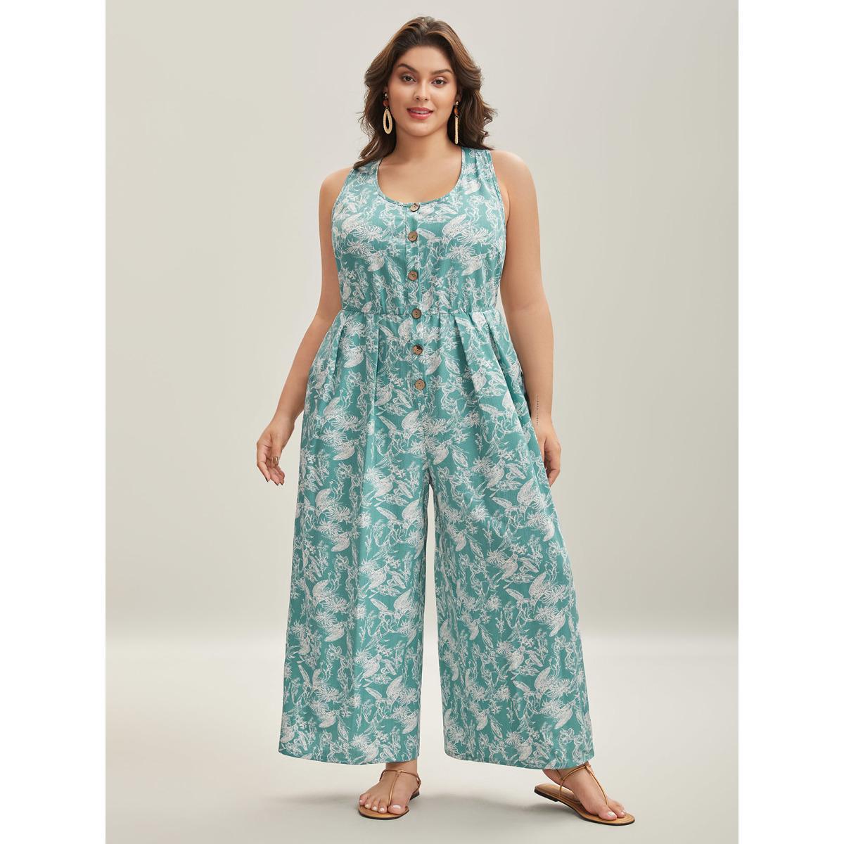 Plus Size Turquoise Plant Print Button Detail Stretchy Jumpsuit Women Sleeveless V-neck Vacation Loose Jumpsuits BloomChic 28/5X Product Image