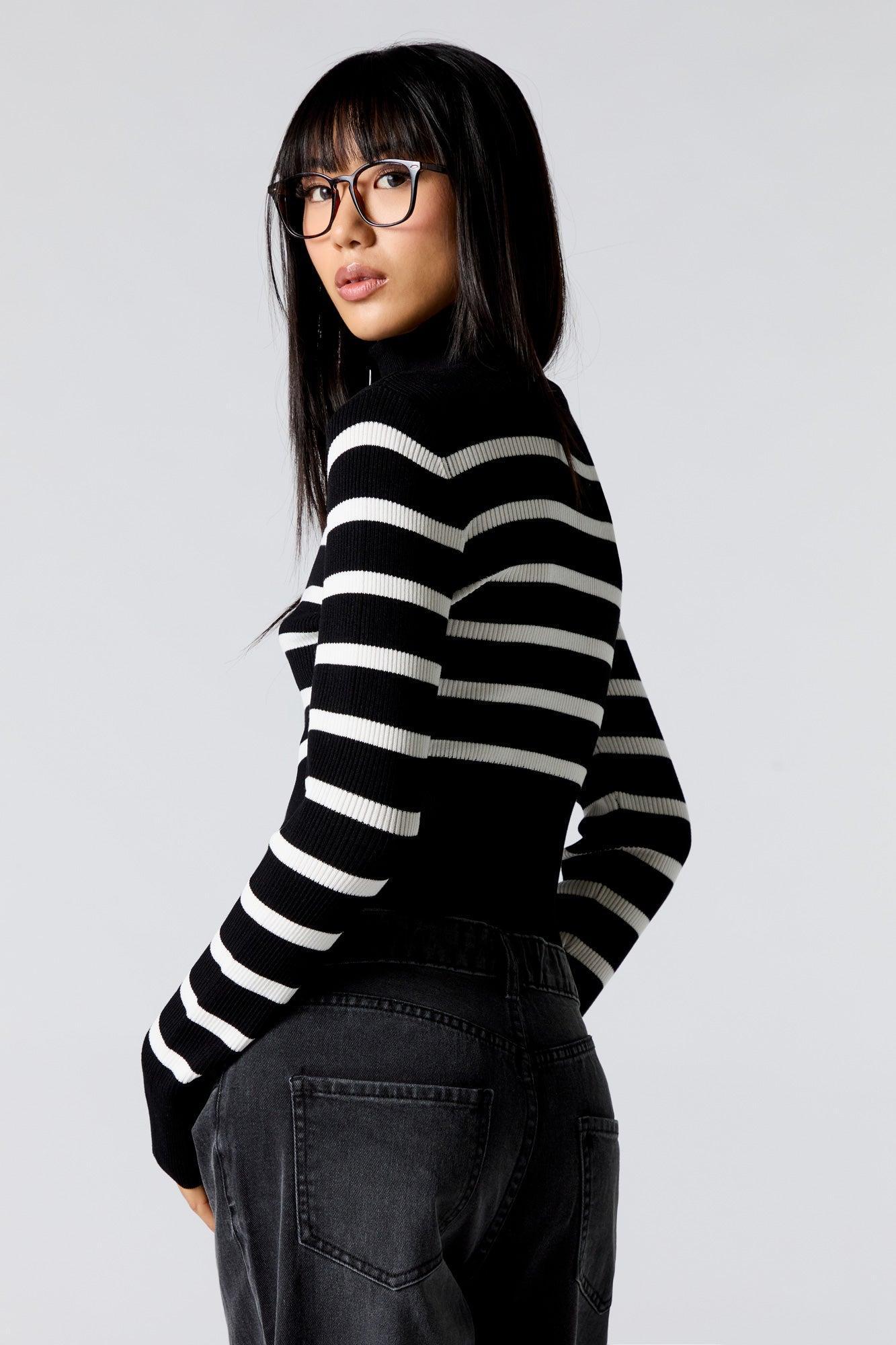 Striped Ribbed Knit Zip-Up Mock Neck Sweater Female Product Image