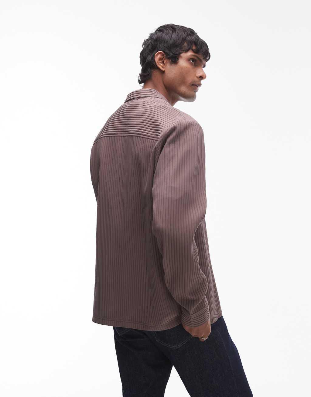 Topman long sleeve chunky plisse shirt in chocolate Product Image