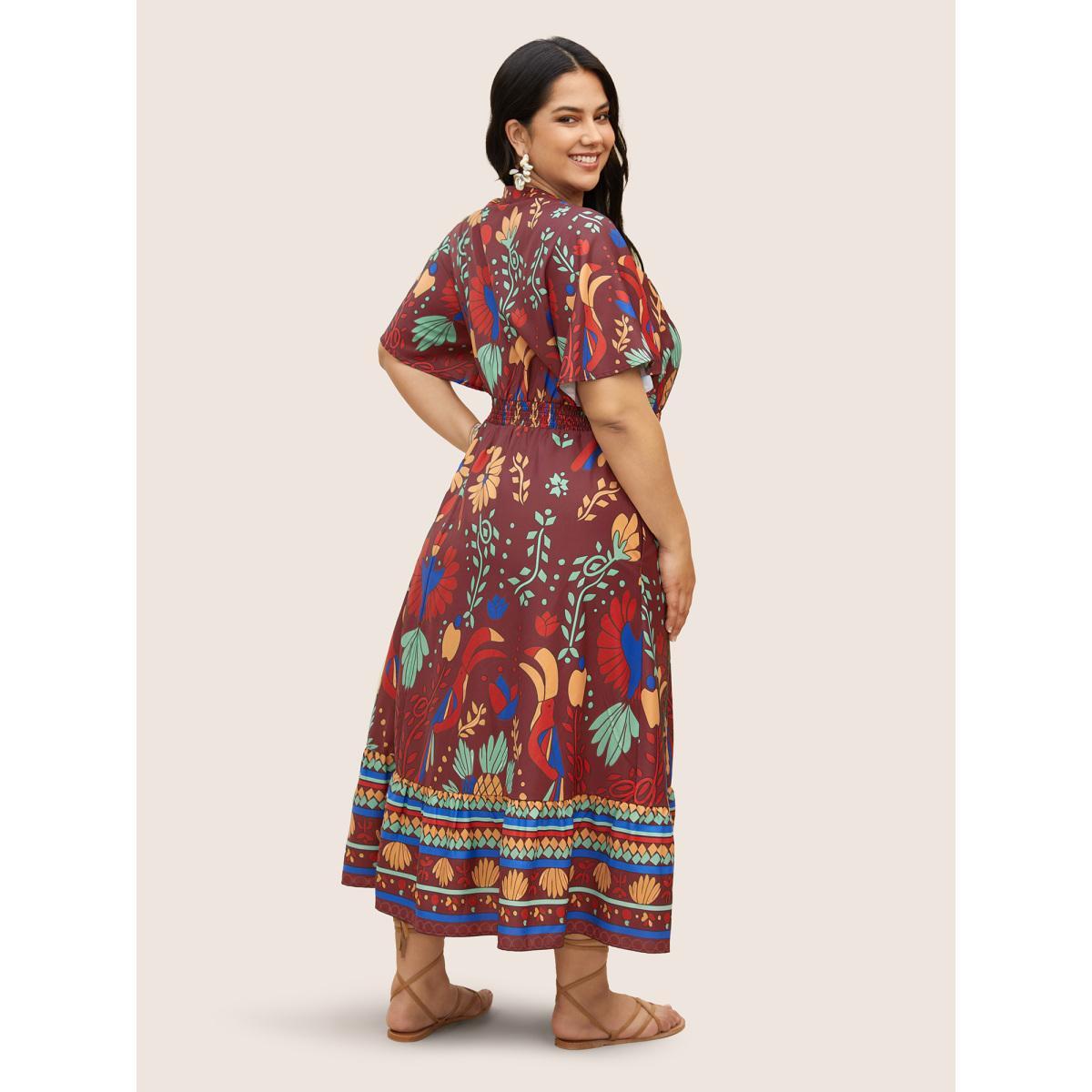 Plus Size Bandana Print Shirred Elastic Waist Flutter Sleeve Dress Burgundy Women Resort Shirred Flat collar with V-notch Short sleeve Curvy BloomChic 14-16/1X Product Image