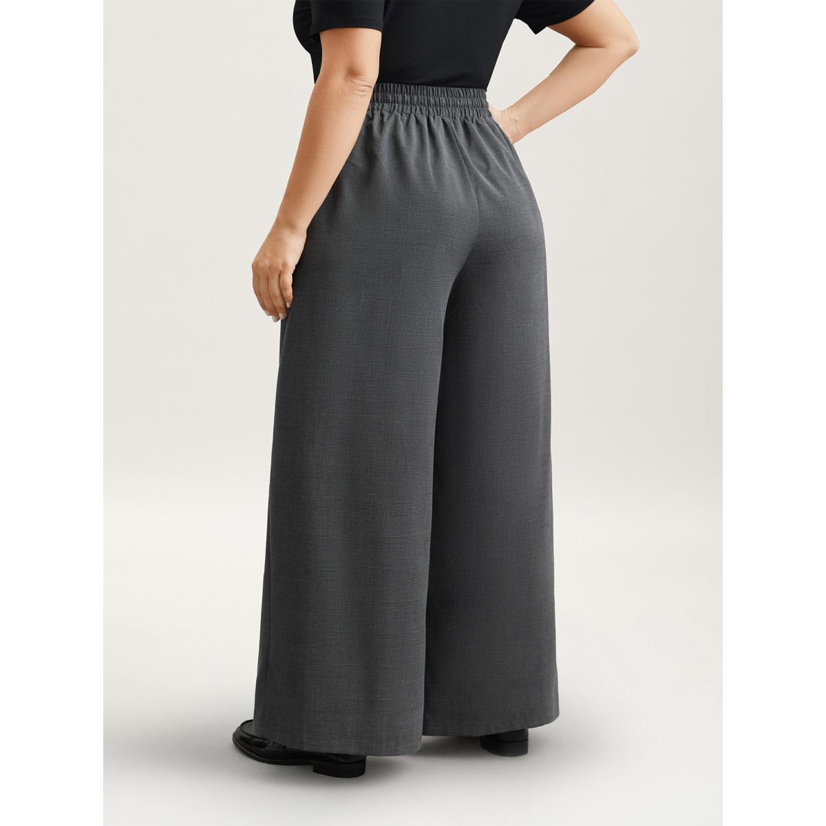 Plus Size Waist Drawstring Plaid Wide Leg Pants Women Black At the Office Wide Leg Mid Rise Work Pants BloomChic 26/4X Product Image