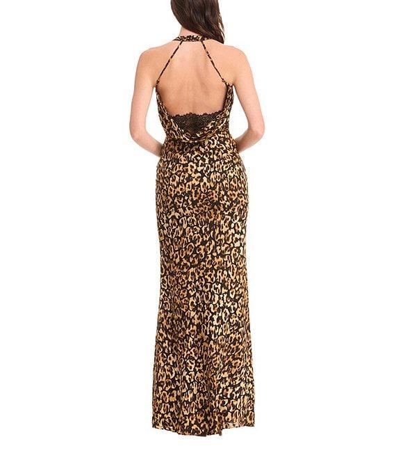 Dress the Population Nilla Halter Cowl Back Ruched Sheath Gown With Front High Slit Product Image