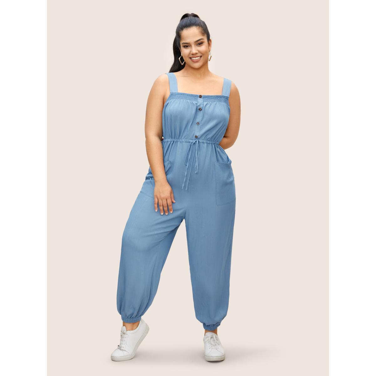 Plus Size Denimblue Solid Shirred Button Detail Drawstring Jumpsuit Women Casual Sleeveless Square Neck Everyday Loose Jumpsuits BloomChic 12/L Product Image