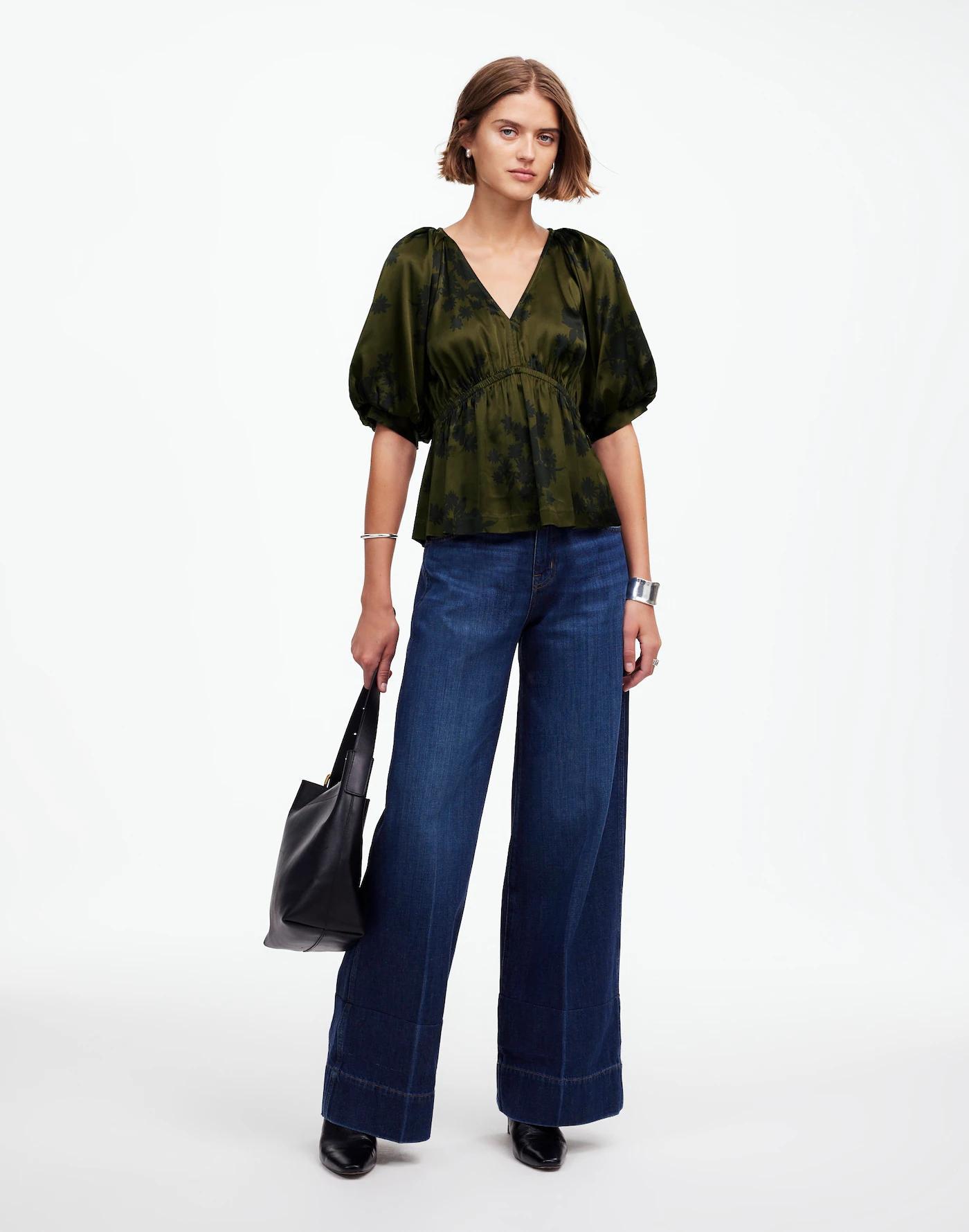 Shirred Puff-Sleeve Top in Satin Product Image