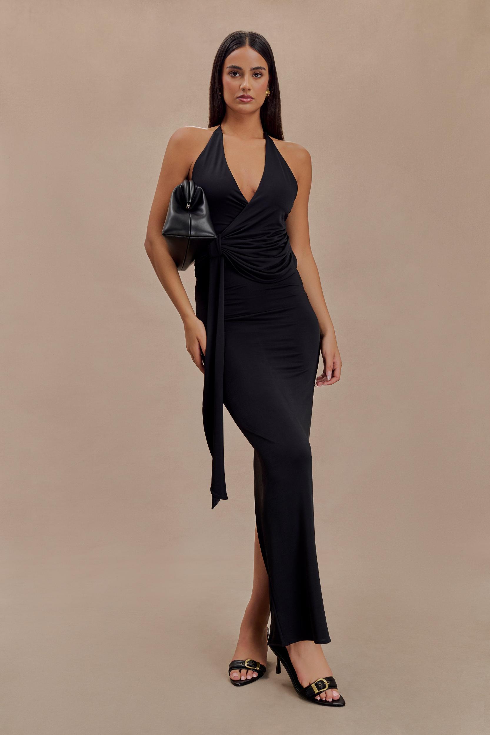 Tyla Draped Slinky Halter Maxi Dress - Black Product Image