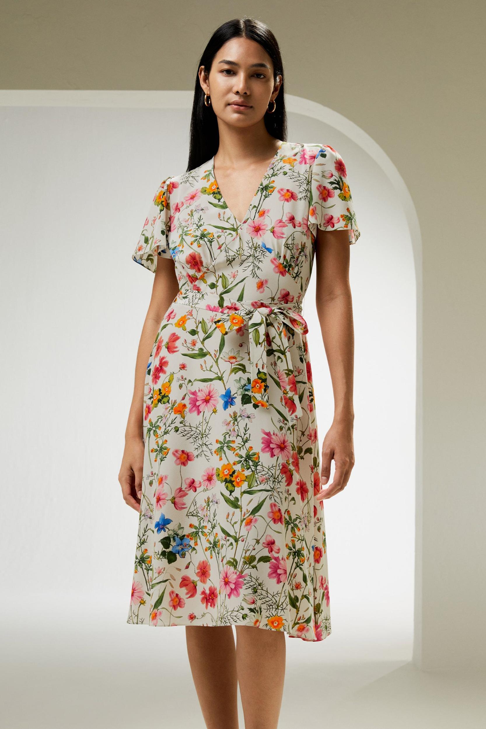 Floral Short Sleeve Dress With Tie Belt Product Image