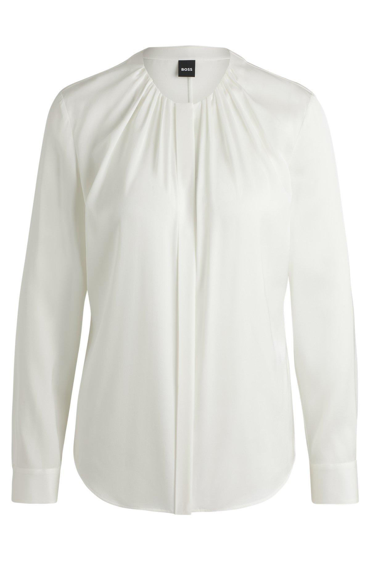 BOSS - Ruched-neck blouse in stretch-silk crepe de Chine - White Product Image