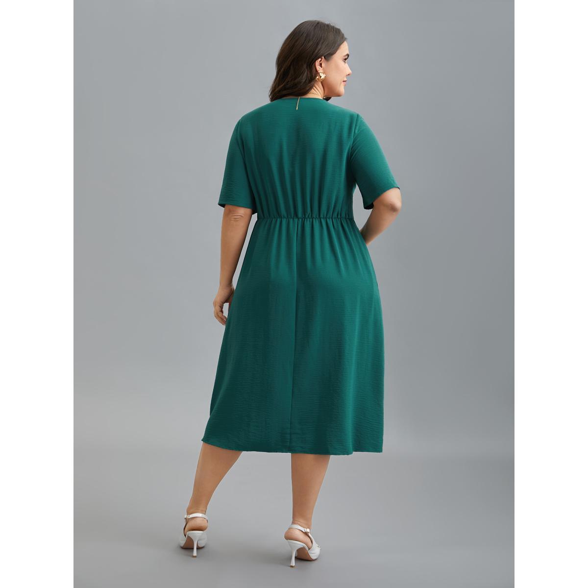 Plus Size 2-in-1 Waist-Tie Pockets Fit & Flare Dress Emerald Women Elegant Overlapping Round Neck Short sleeve Curvy BloomChic 26/4X Product Image